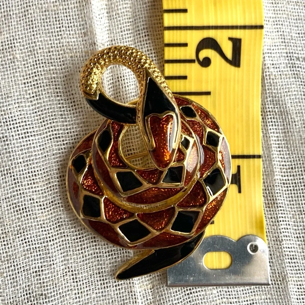 Enamel Diamond-Backed Snake Brooch Goldtone